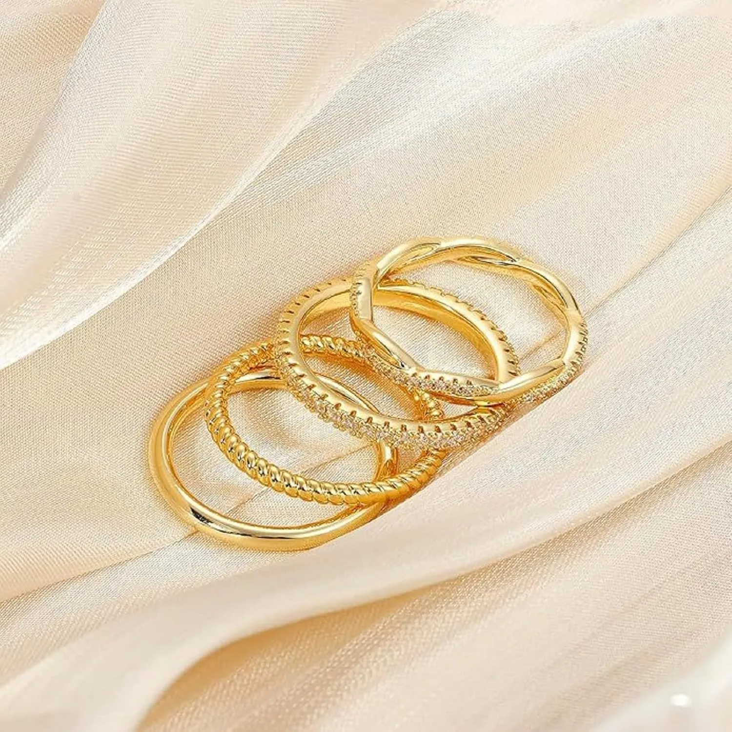 Stackable Gold Rings for Women Fashion 4-piece diamond ring set 14K Gold Plated Stackable Thin Rings Cubic Zirconia Thumb Ring Set Trendy Statement Promise Wedding Engagement Rings (9, Gold)