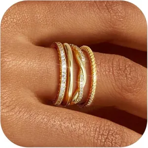 Stackable Gold Rings for Women Fashion 4-piece diamond ring set 14K Gold Plated Stackable Thin Rings Cubic Zirconia Thumb Ring Set Trendy Statement Promise Wedding Engagement Rings (9, Gold)