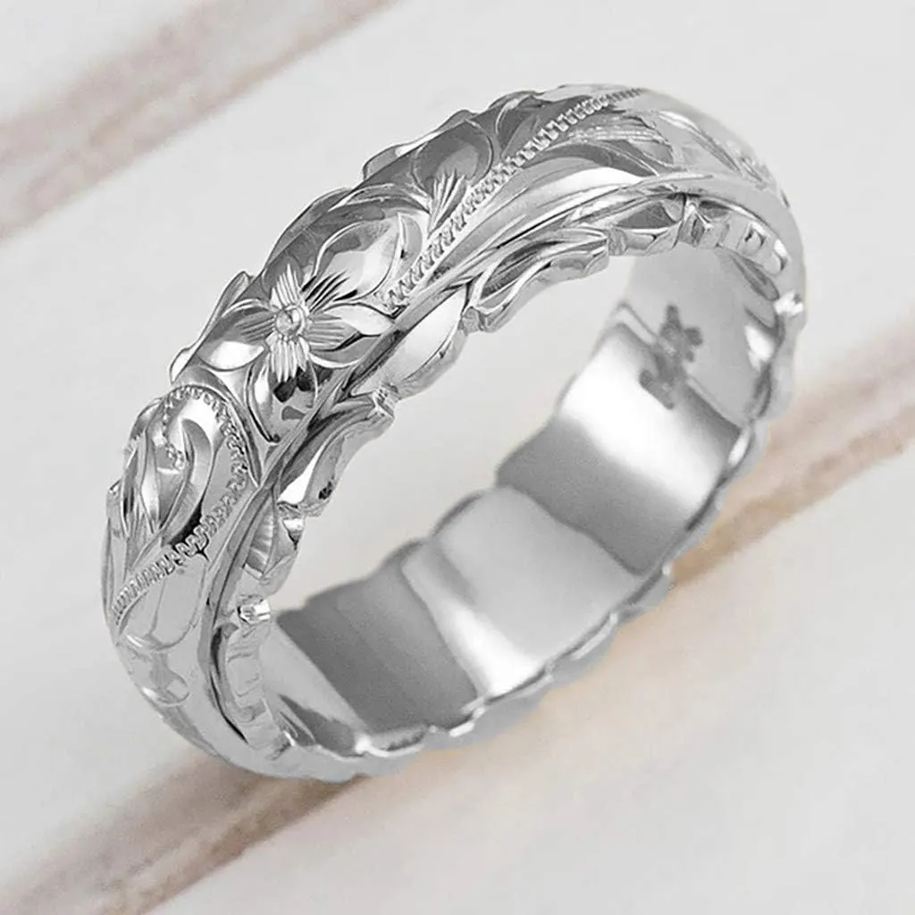 Stainless Steel Ring for Lady,Gold Plated Wedding Chunky Band Hollow Carved Rose Flower Statement Ring Jewelry Birthday Gift