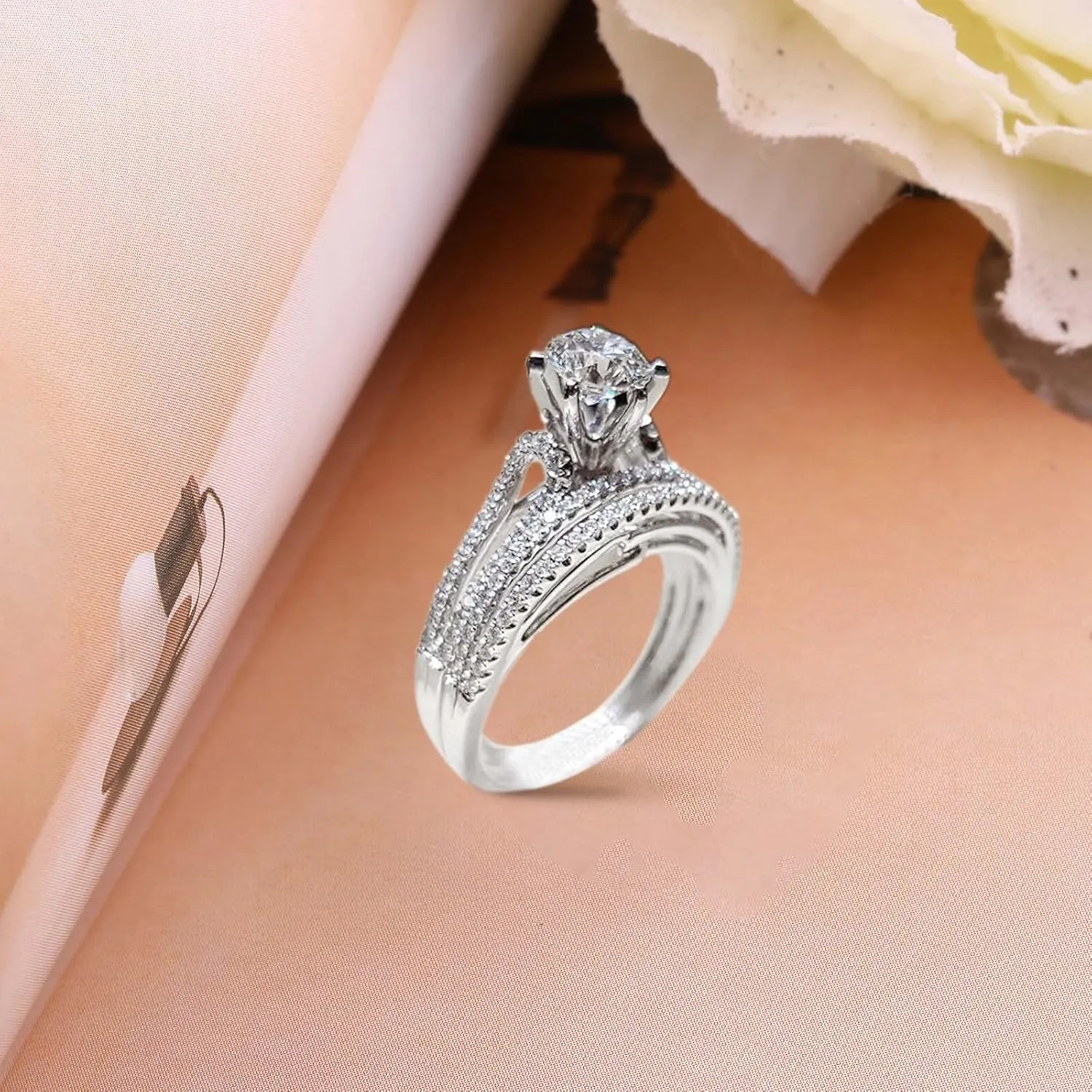 Sterling Silver Cubic Zirconia Round Brilliant Cut CZ Engagement Rings Two-Piece Bridal Ring Set Wedding Bands for