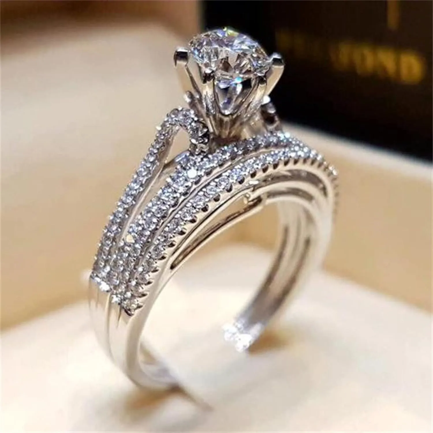 Sterling Silver Cubic Zirconia Round Brilliant Cut CZ Engagement Rings Two-Piece Bridal Ring Set Wedding Bands for