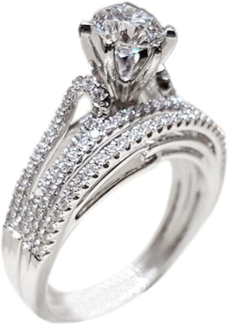Sterling Silver Cubic Zirconia Round Brilliant Cut CZ Engagement Rings Two-Piece Bridal Ring Set Wedding Bands for