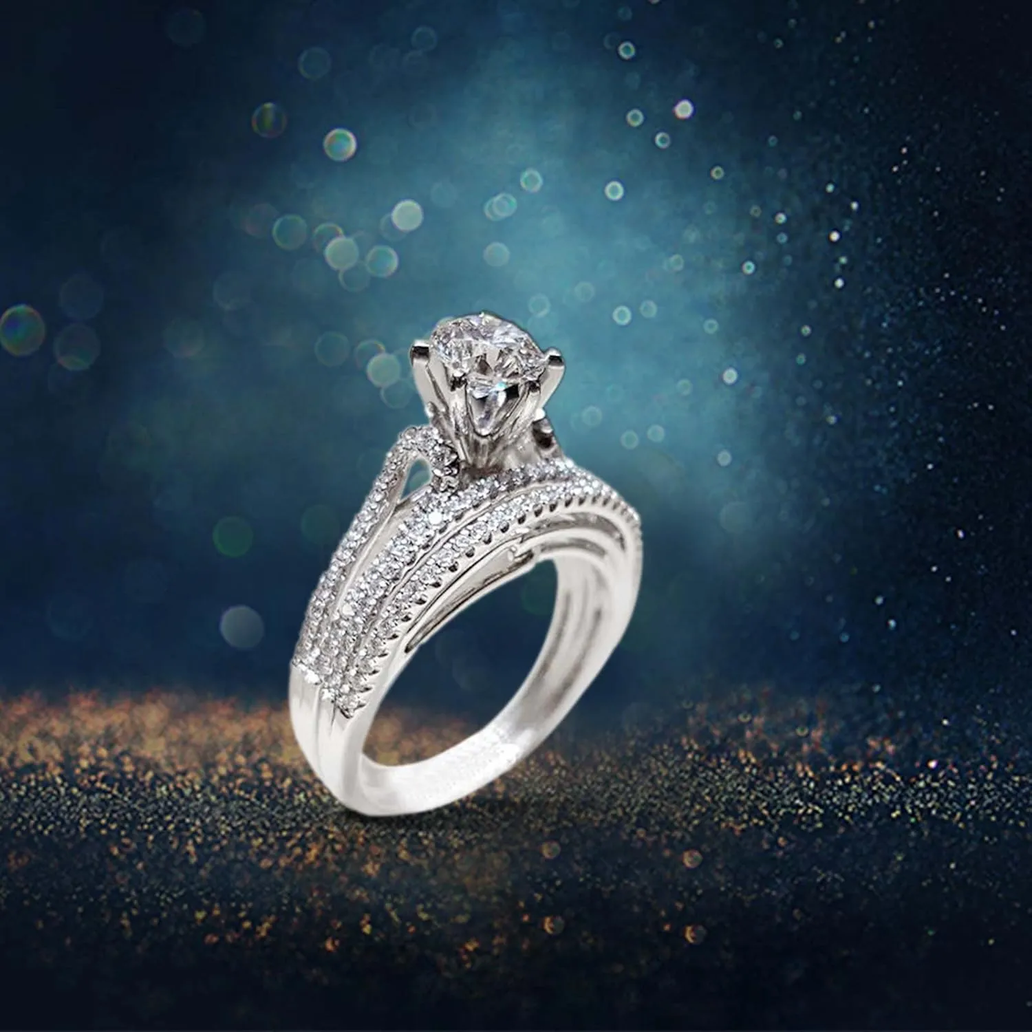 Sterling Silver Cubic Zirconia Round Brilliant Cut CZ Engagement Rings Two-Piece Bridal Ring Set Wedding Bands for