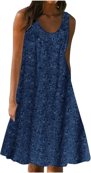 Summer Beach Sundress for Women 2024 Trendy Loose Sleeveless Solid Floral Dress Fashion Casual Flowy Tank Dresses