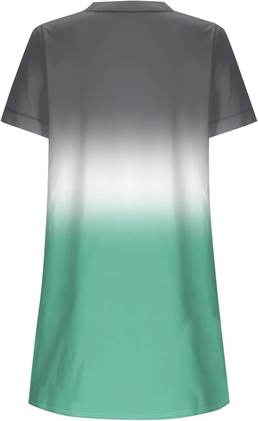 Summer Beach Sundress Women's Gradient Color Dress V Neck Short Sleeve Button Down Top Mini T Shirt Dresses
