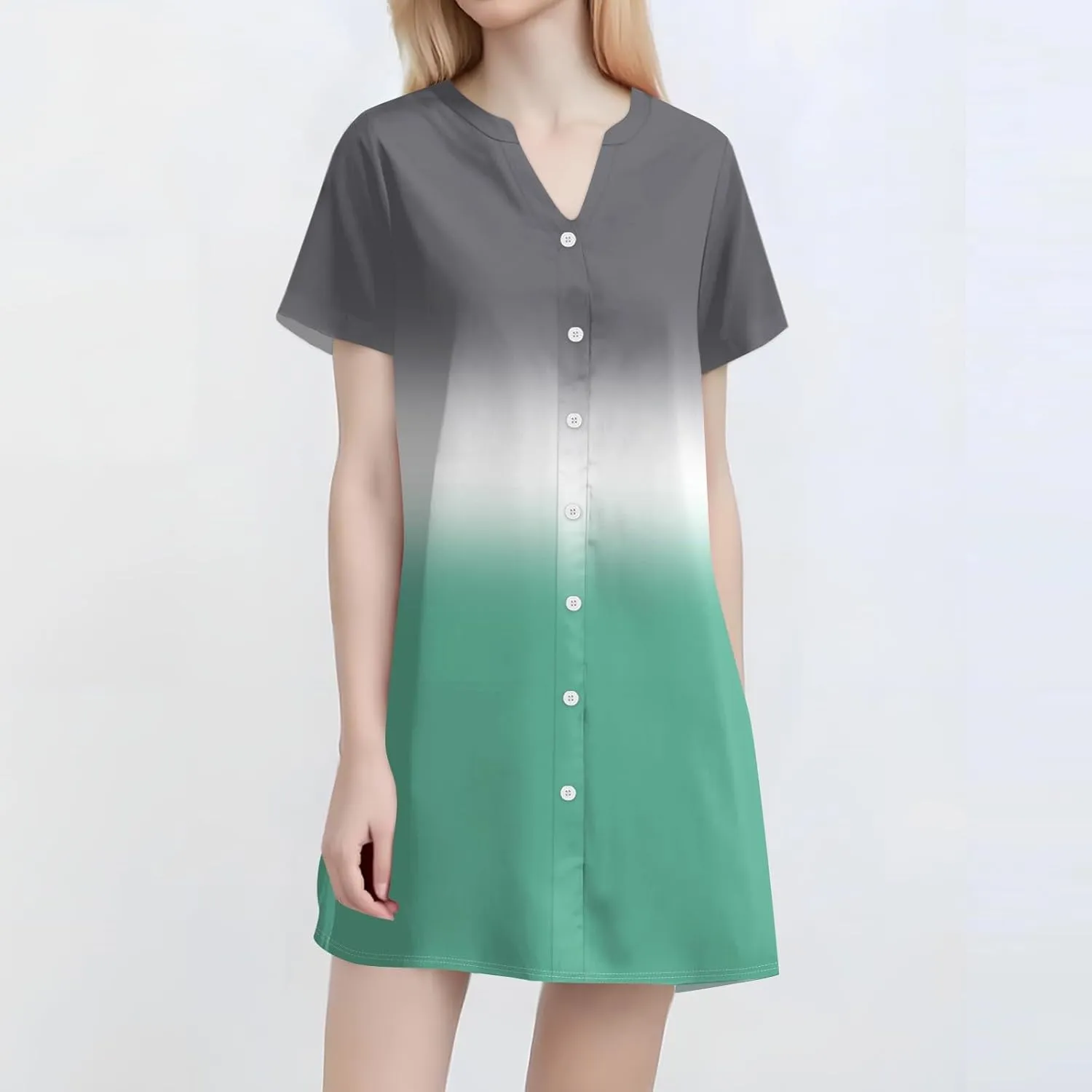 Summer Beach Sundress Women's Gradient Color Dress V Neck Short Sleeve Button Down Top Mini T Shirt Dresses