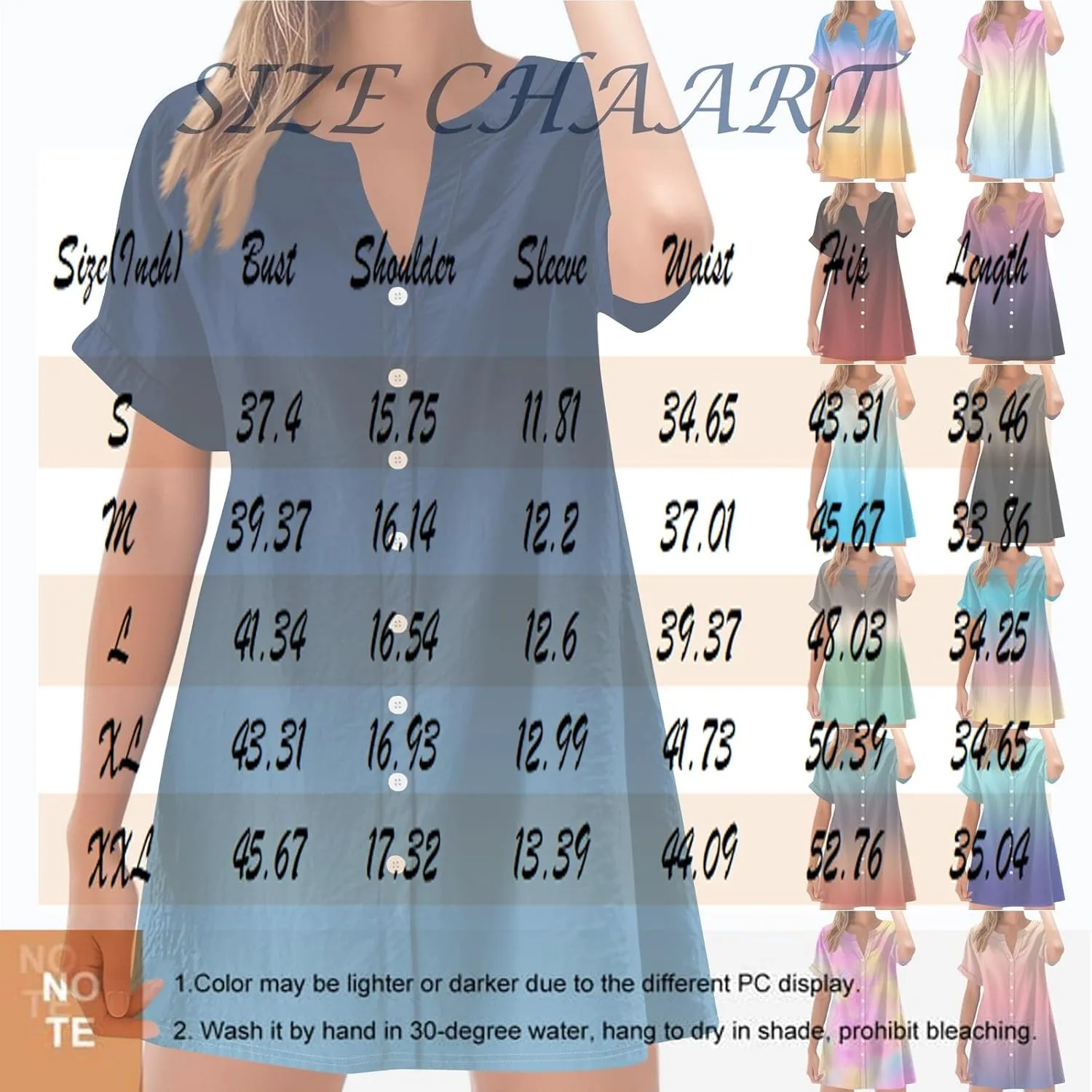 Summer Beach Sundress Women's Gradient Color Dress V Neck Short Sleeve Button Down Top Mini T Shirt Dresses