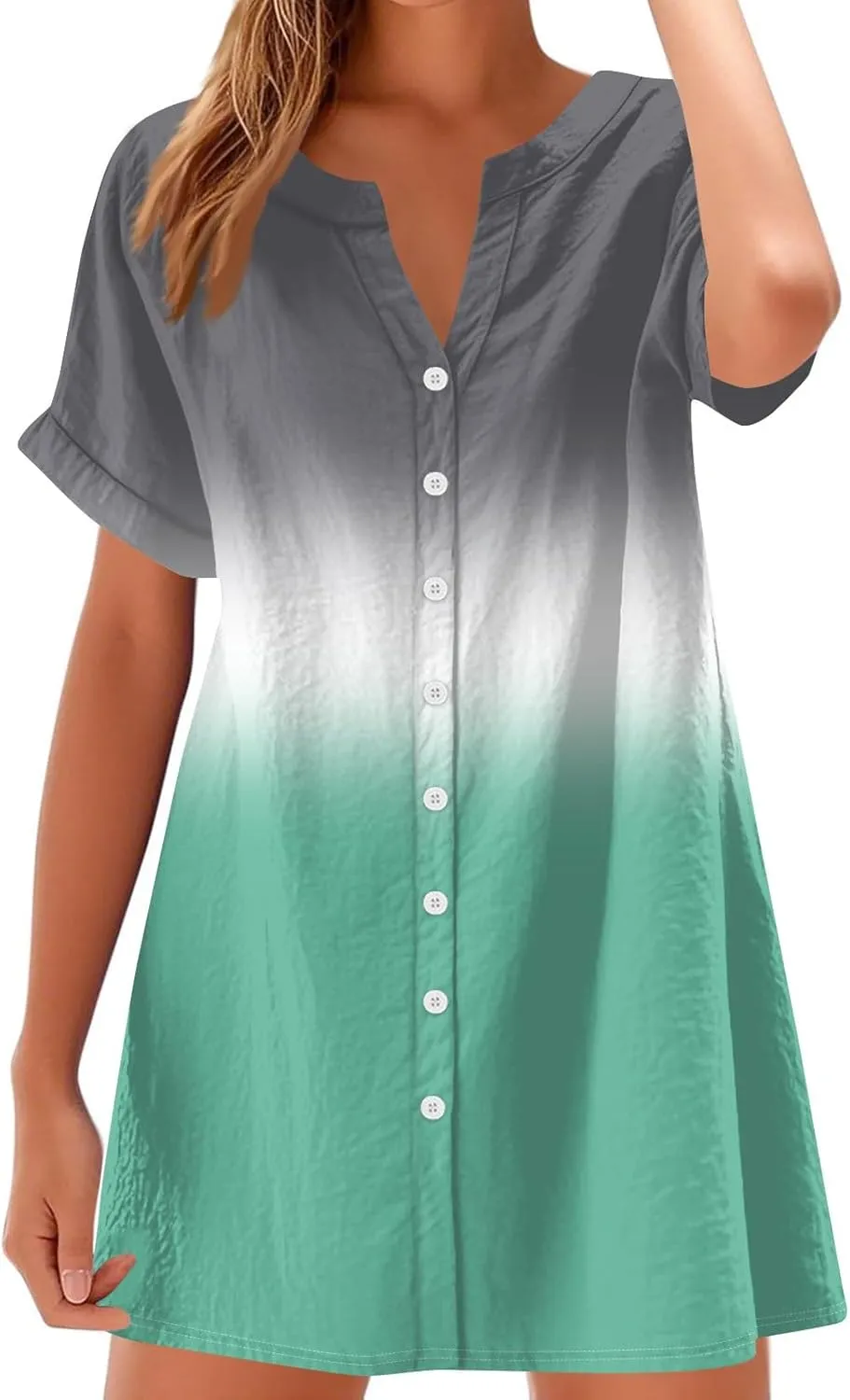 Summer Beach Sundress Women's Gradient Color Dress V Neck Short Sleeve Button Down Top Mini T Shirt Dresses