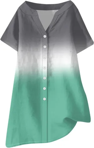 Summer Beach Sundress Women's Gradient Color Dress V Neck Short Sleeve Button Down Top Mini T Shirt Dresses