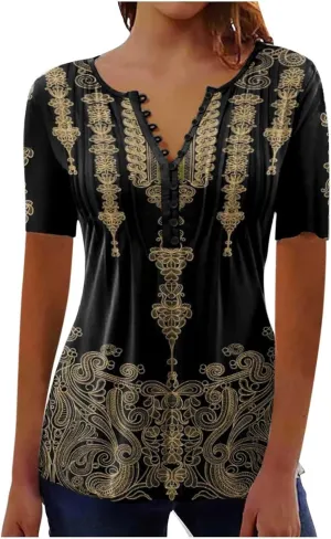 Summer Blouses for Women 2025,Trendy Boho Floral Tunic Shirts Short Sleeve Button V Neck Tshirt Casual Relaxed Tops
