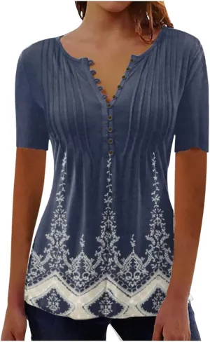 Summer Blouses for Women 2025,Trendy Boho Floral Tunic Shirts Short Sleeve Button V Neck Tshirt Casual Relaxed Tops