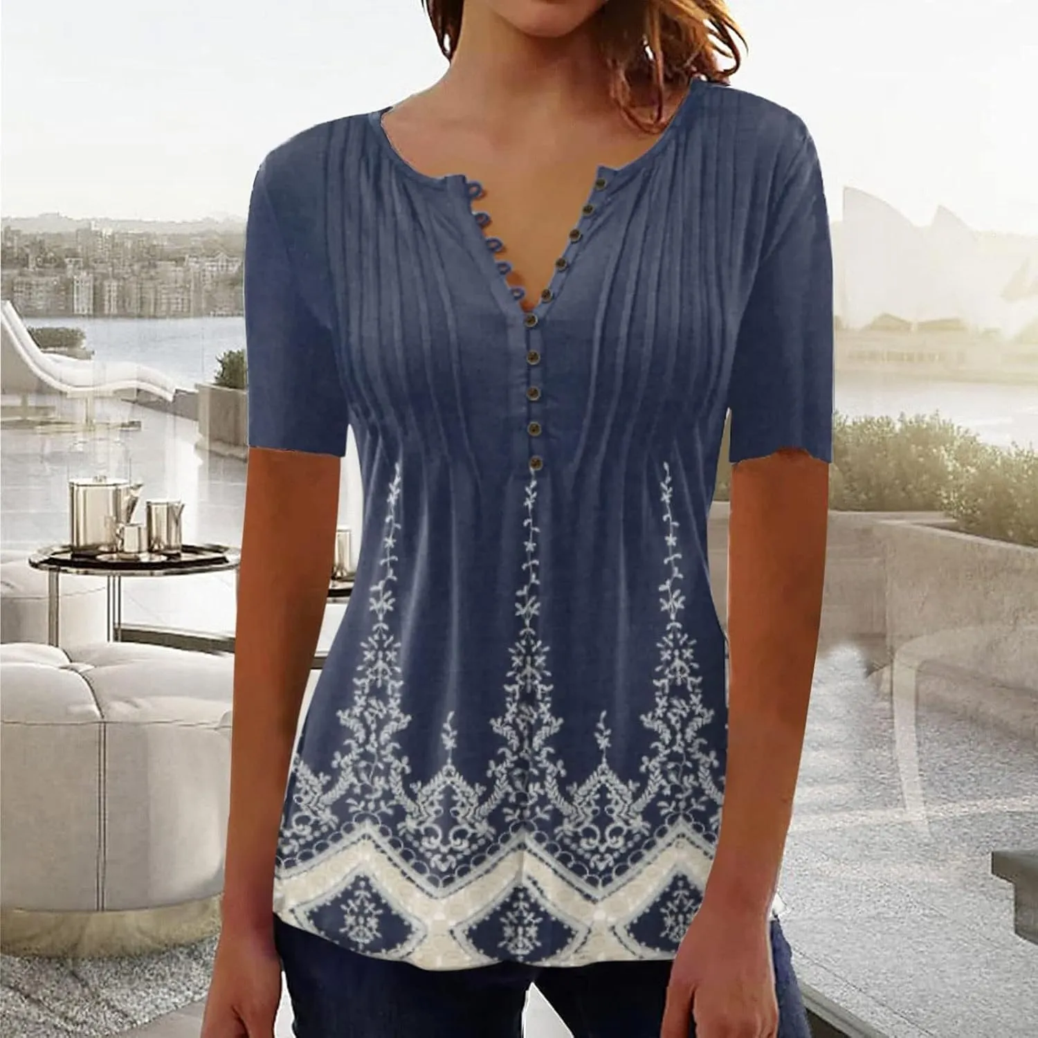 Summer Blouses for Women 2025,Trendy Boho Floral Tunic Shirts Short Sleeve Button V Neck Tshirt Casual Relaxed Tops