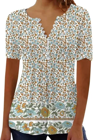 Summer Blouses for Women 2025,Trendy Boho Patchwork Tunic Shirts Short Sleeve Button Vneck Tshirt Casual Loose Blouse