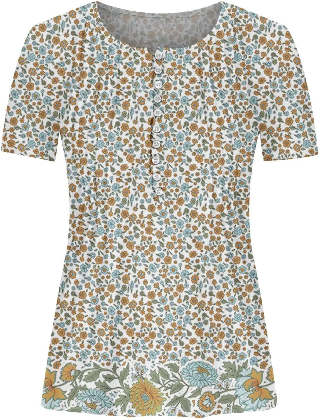Summer Blouses for Women 2025,Trendy Boho Patchwork Tunic Shirts Short Sleeve Button Vneck Tshirt Casual Loose Blouse