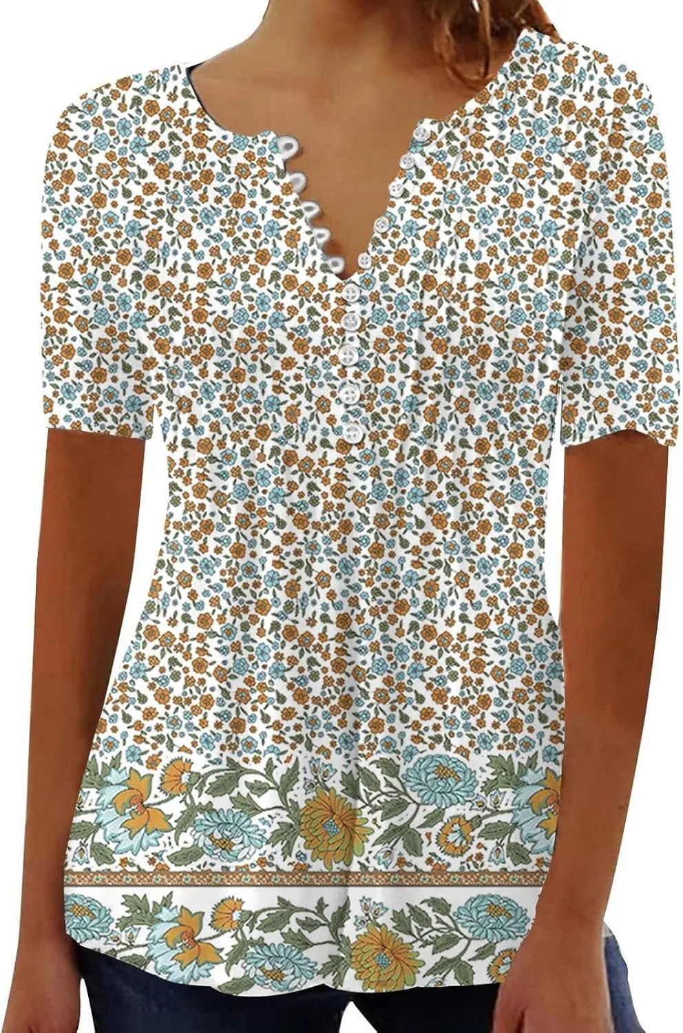 Summer Blouses for Women 2025,Trendy Boho Patchwork Tunic Shirts Short Sleeve Button Vneck Tshirt Casual Loose Blouse