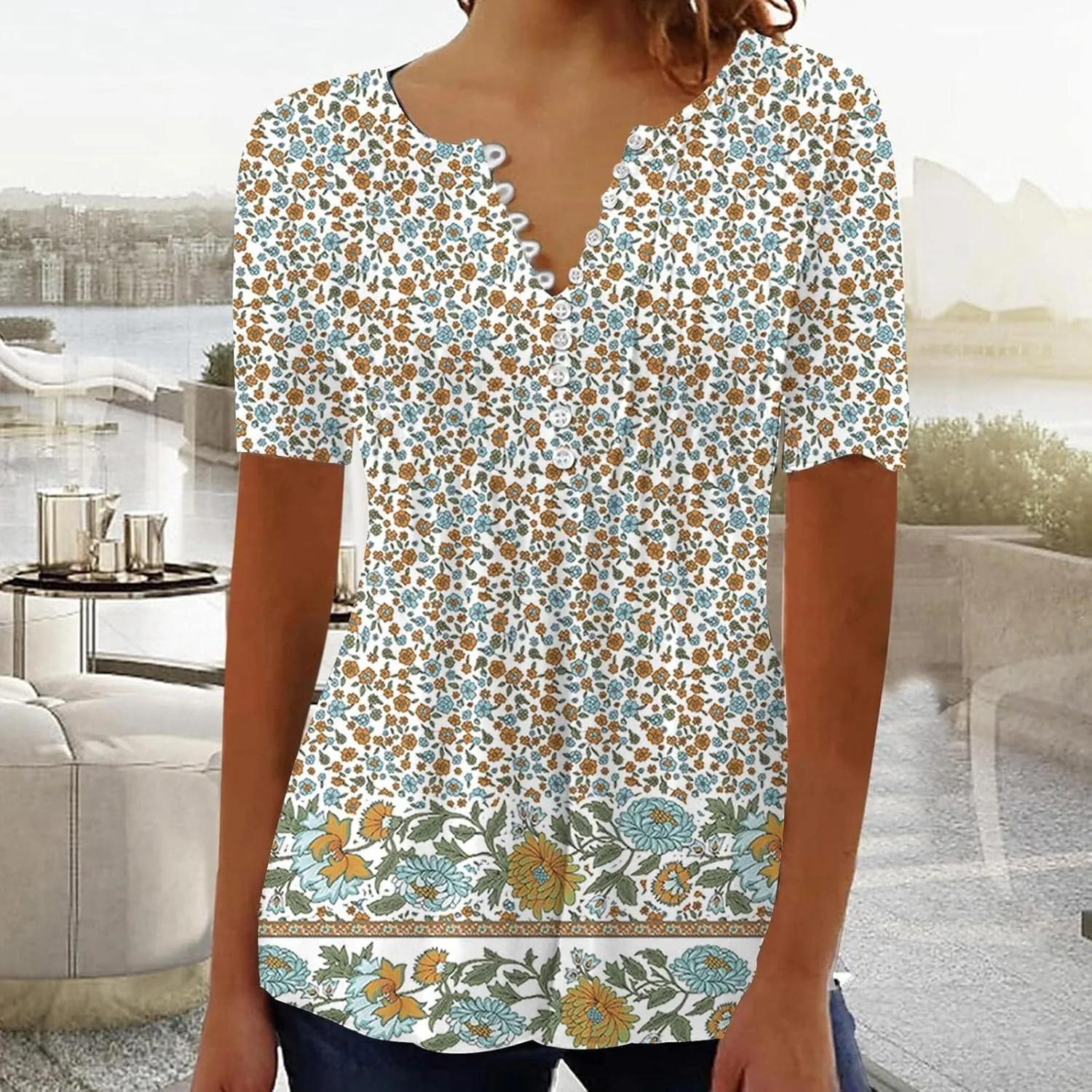 Summer Blouses for Women 2025,Trendy Boho Patchwork Tunic Shirts Short Sleeve Button Vneck Tshirt Casual Loose Blouse