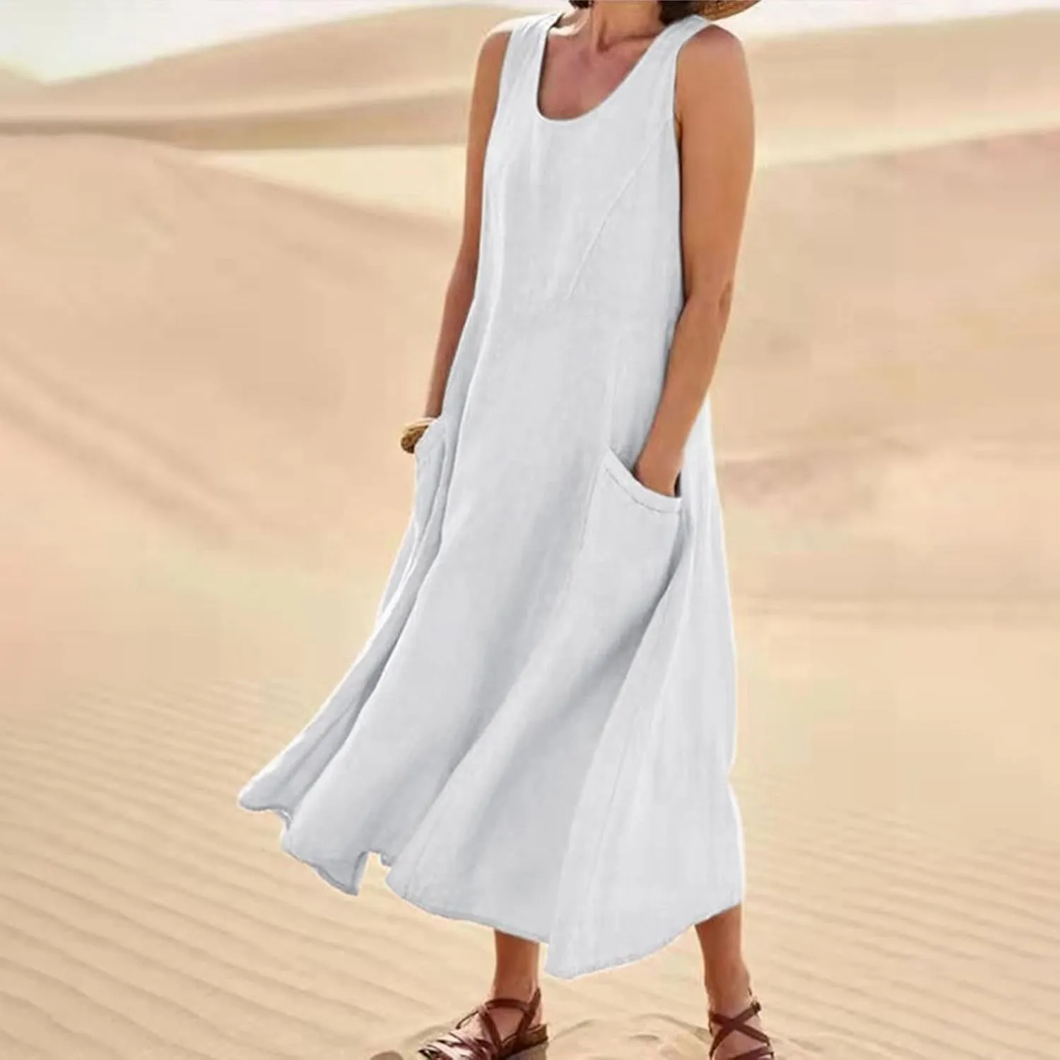 Summer Dresses for Women 2025 Casual Print Boho Sundress Crew Neck Sleeveless Pockets Beach Vacation Maxi Dresses