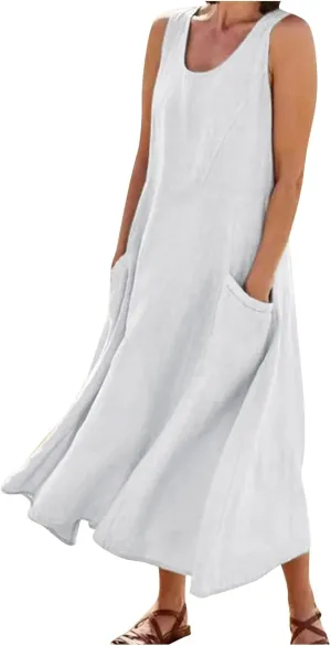 Summer Dresses for Women 2025 Casual Print Boho Sundress Crew Neck Sleeveless Pockets Beach Vacation Maxi Dresses