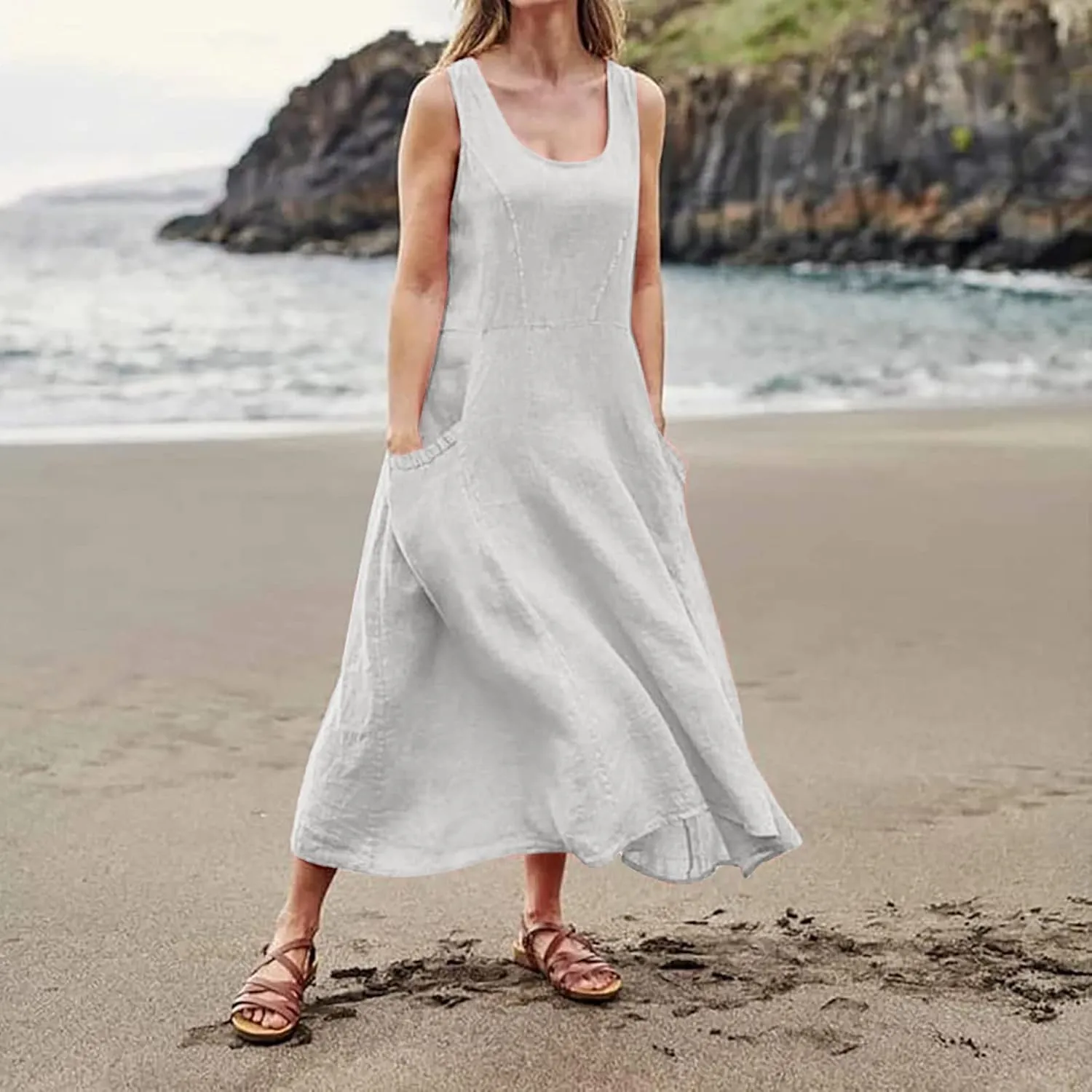 Summer Dresses for Women 2025 Casual Print Boho Sundress Crew Neck Sleeveless Pockets Beach Vacation Maxi Dresses