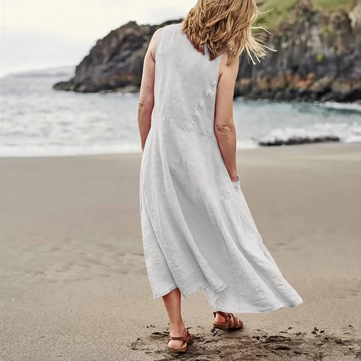 Summer Dresses for Women 2025 Casual Print Boho Sundress Crew Neck Sleeveless Pockets Beach Vacation Maxi Dresses