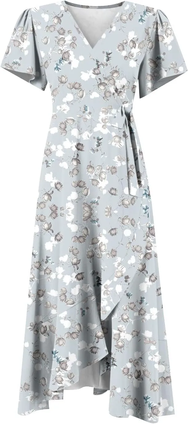 Summer Dresses for Women 2025 Floral Wrap V Neck Midi Dresses Fashion Short Sleeve A Line Sundress Flowy Casual Dress
