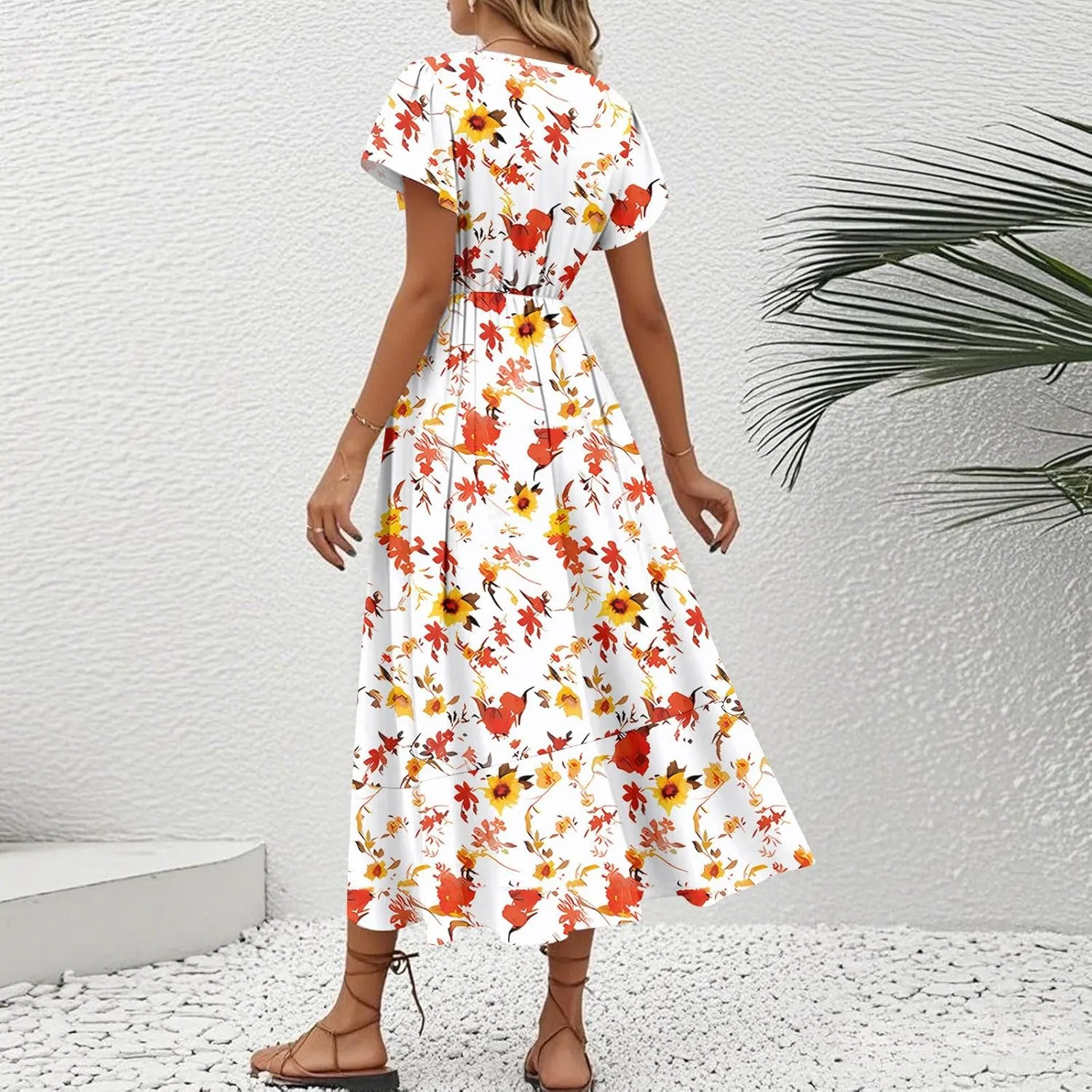 Summer Dresses for Women 2025 Floral Wrap V Neck Midi Dresses Fashion Short Sleeve A Line Sundress Flowy Casual Dress