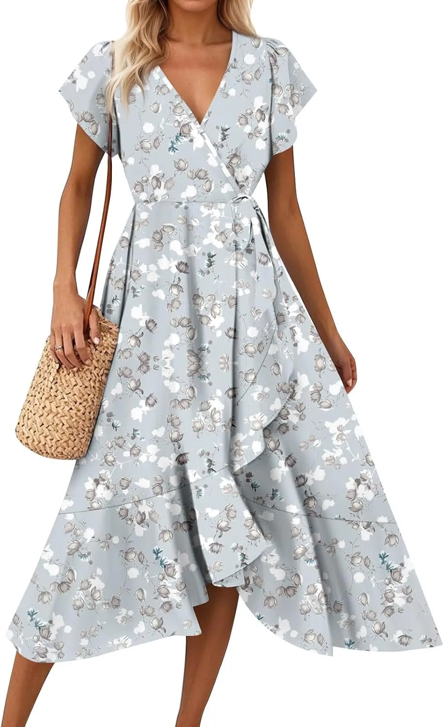 Summer Dresses for Women 2025 Floral Wrap V Neck Midi Dresses Fashion Short Sleeve A Line Sundress Flowy Casual Dress