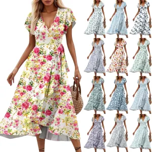 Summer Dresses for Women 2025 Floral Wrap V Neck Midi Dresses Fashion Short Sleeve A Line Sundress Flowy Casual Dress
