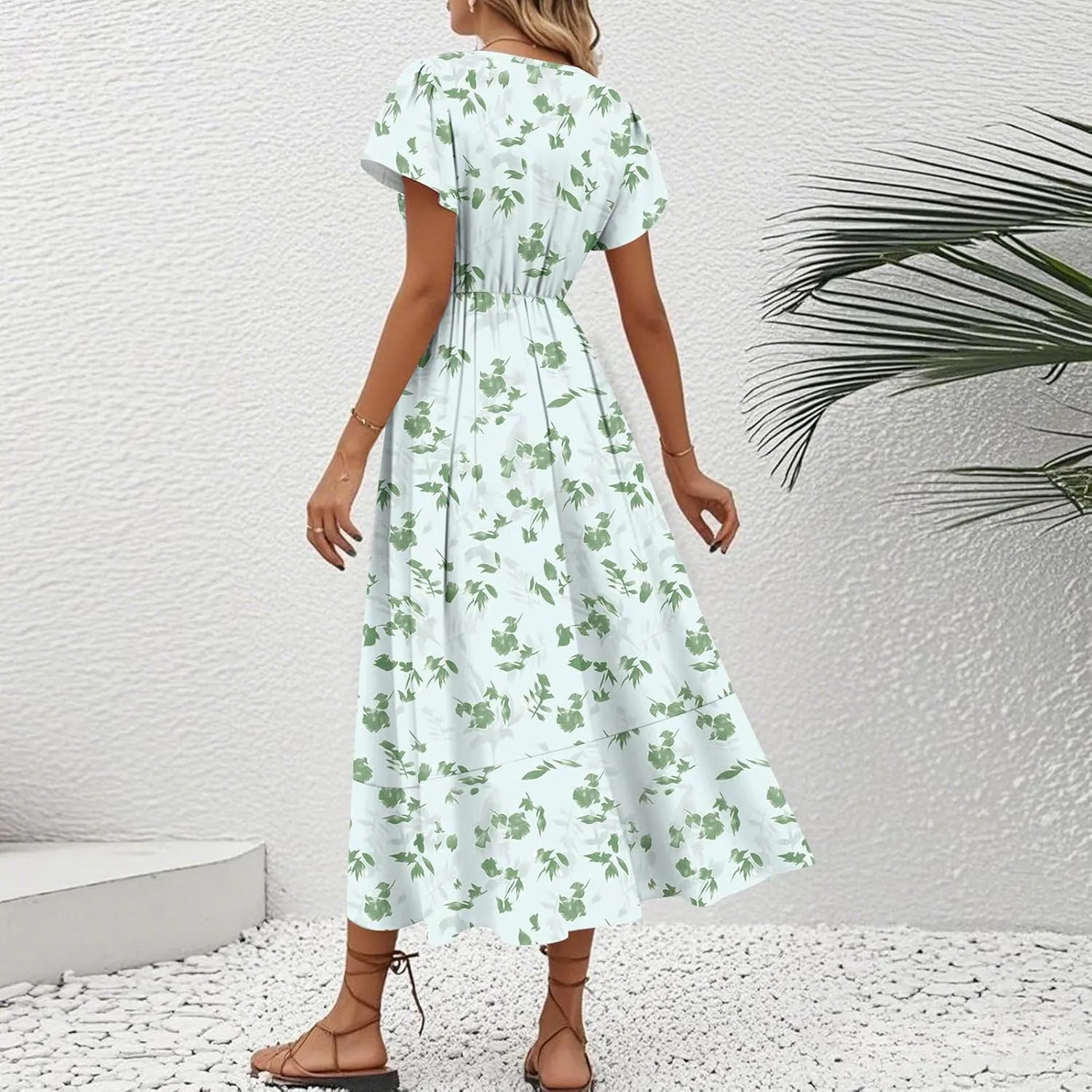 Summer Dresses for Women 2025 Floral Wrap V Neck Midi Dresses Fashion Short Sleeve A Line Sundress Flowy Casual Dress