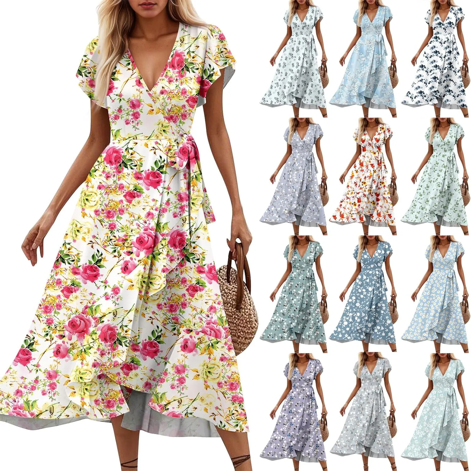 Summer Dresses for Women 2025 Floral Wrap V Neck Midi Dresses Fashion Short Sleeve A Line Sundress Flowy Casual Dress