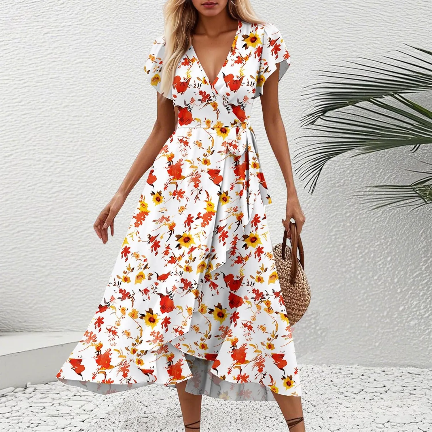 Summer Dresses for Women 2025 Floral Wrap V Neck Midi Dresses Fashion Short Sleeve A Line Sundress Flowy Casual Dress