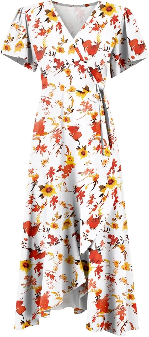 Summer Dresses for Women 2025 Floral Wrap V Neck Midi Dresses Fashion Short Sleeve A Line Sundress Flowy Casual Dress
