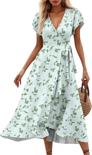 Summer Dresses for Women 2025 Floral Wrap V Neck Midi Dresses Fashion Short Sleeve A Line Sundress Flowy Casual Dress