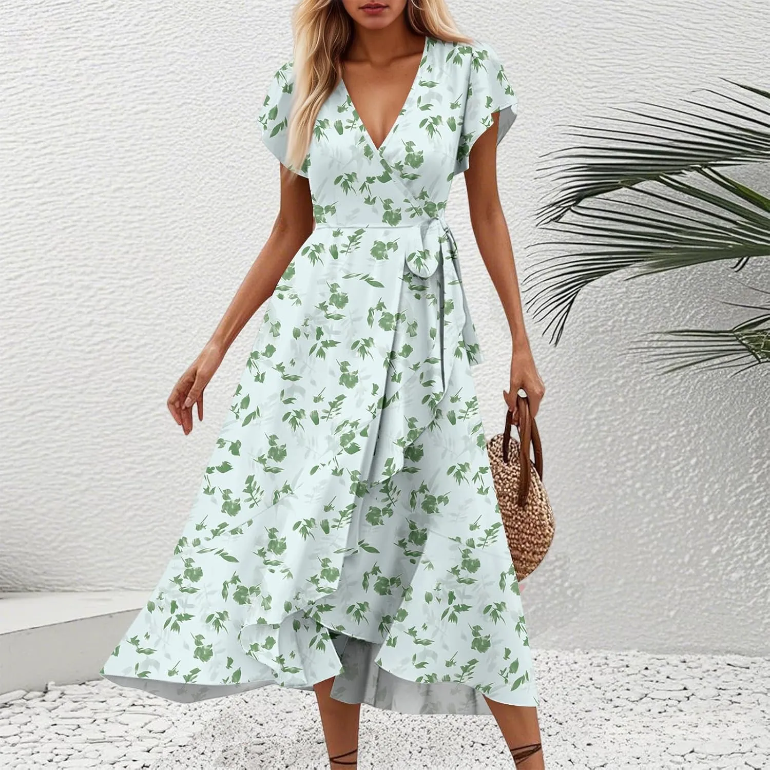 Summer Dresses for Women 2025 Floral Wrap V Neck Midi Dresses Fashion Short Sleeve A Line Sundress Flowy Casual Dress
