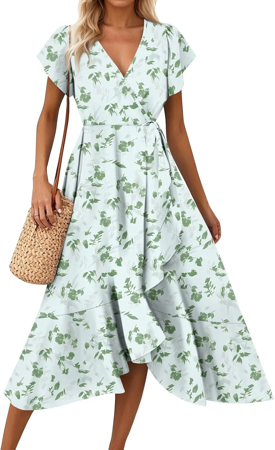 Summer Dresses for Women 2025 Floral Wrap V Neck Midi Dresses Fashion Short Sleeve A Line Sundress Flowy Casual Dress