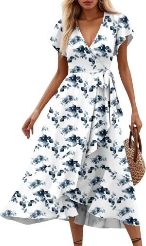 Summer Dresses for Women 2025 Floral Wrap V Neck Midi Dresses Fashion Short Sleeve A Line Sundress Flowy Casual Dress