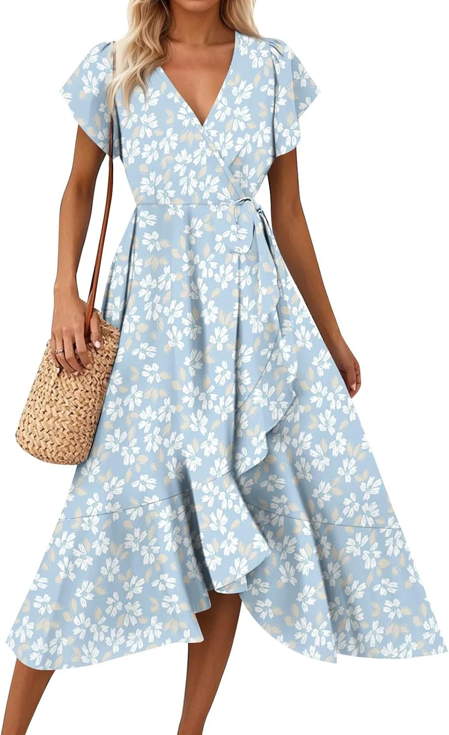Summer Dresses for Women 2025 Floral Wrap V Neck Midi Dresses Fashion Short Sleeve A Line Sundress Flowy Casual Dress