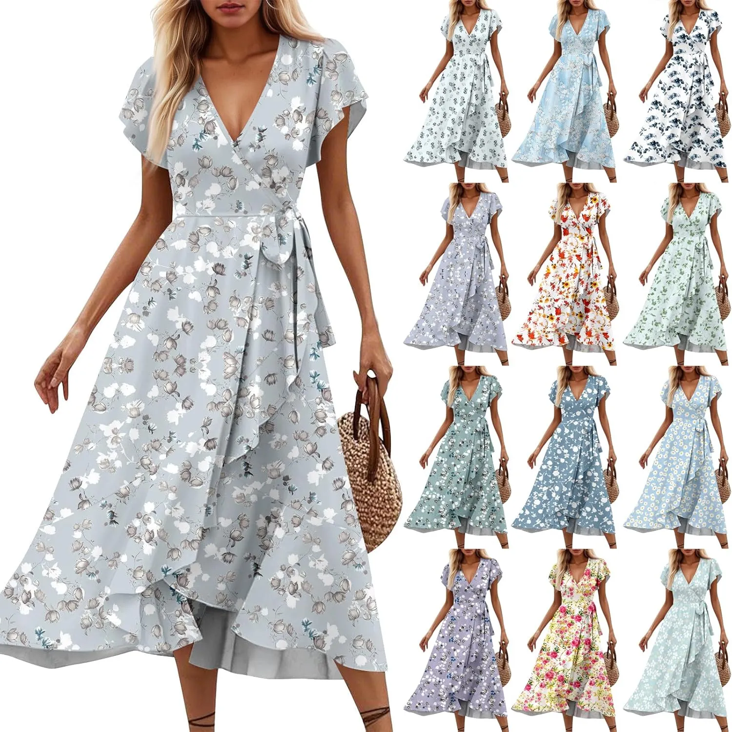 Summer Dresses for Women 2025 Floral Wrap V Neck Midi Dresses Fashion Short Sleeve A Line Sundress Flowy Casual Dress