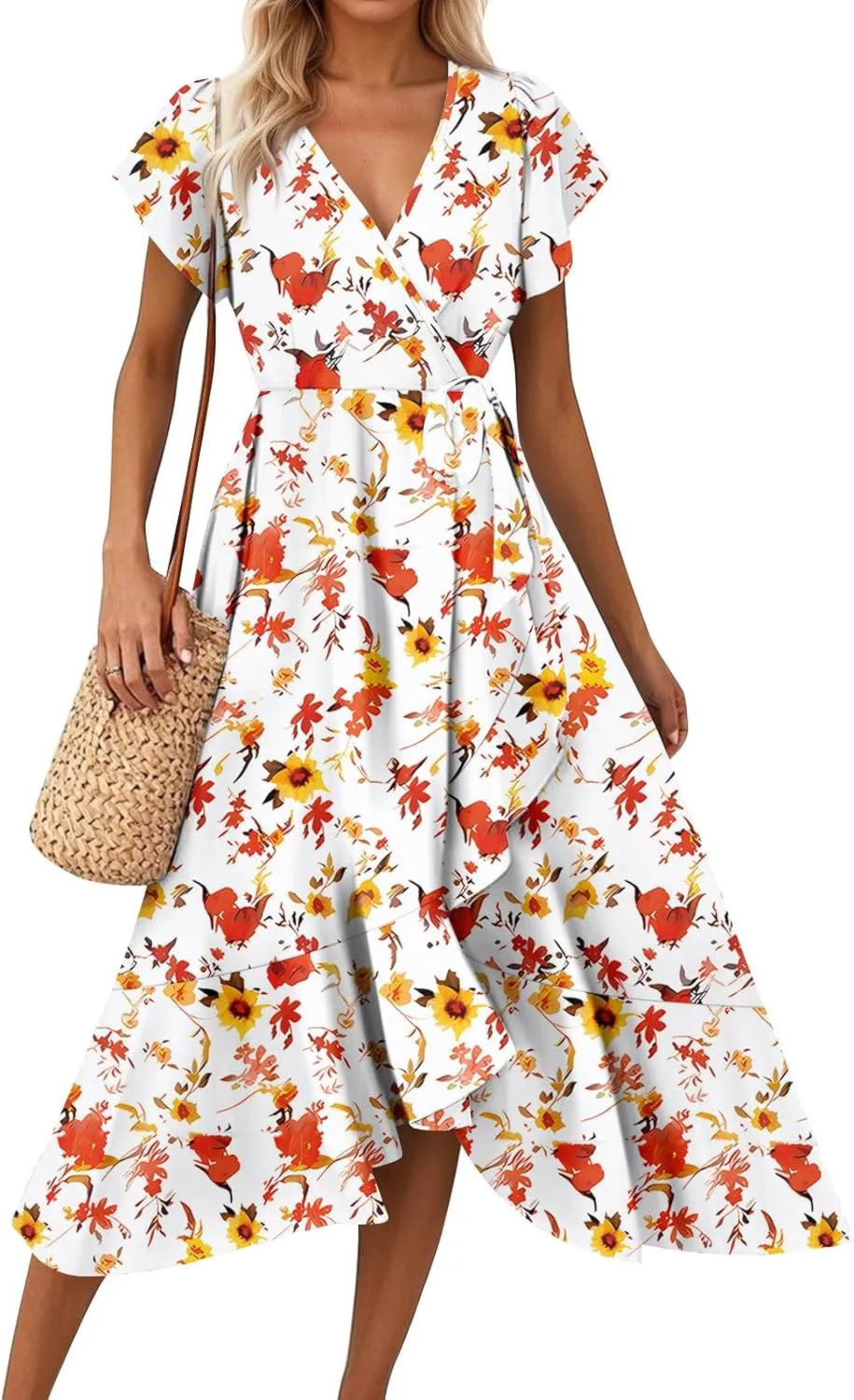 Summer Dresses for Women 2025 Floral Wrap V Neck Midi Dresses Fashion Short Sleeve A Line Sundress Flowy Casual Dress