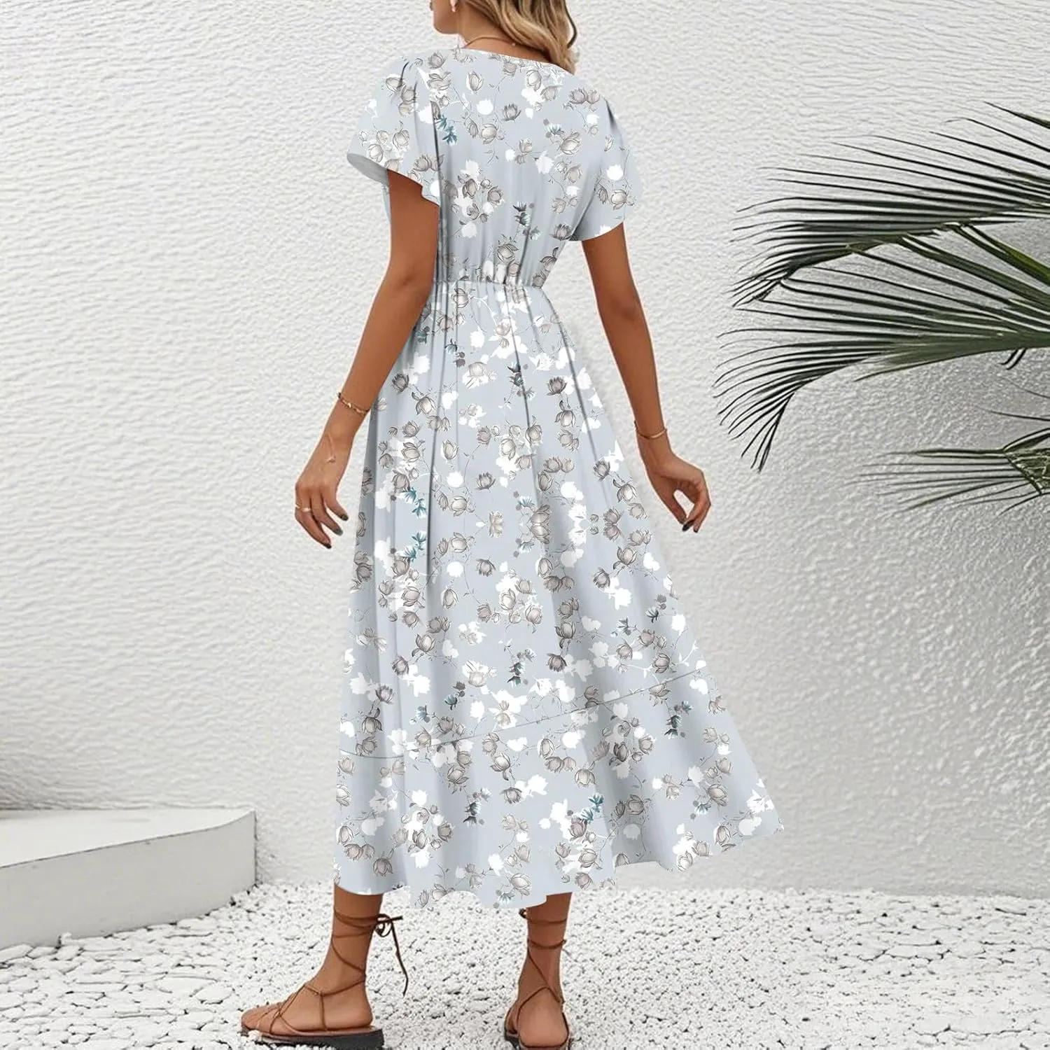 Summer Dresses for Women 2025 Floral Wrap V Neck Midi Dresses Fashion Short Sleeve A Line Sundress Flowy Casual Dress