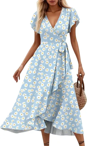 Summer Dresses for Women 2025 Floral Wrap V Neck Midi Dresses Fashion Short Sleeve A Line Sundress Flowy Casual Dress
