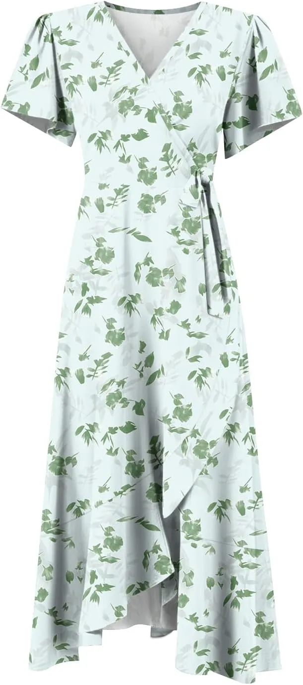 Summer Dresses for Women 2025 Floral Wrap V Neck Midi Dresses Fashion Short Sleeve A Line Sundress Flowy Casual Dress