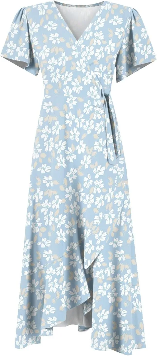 Summer Dresses for Women 2025 Floral Wrap V Neck Midi Dresses Fashion Short Sleeve A Line Sundress Flowy Casual Dress