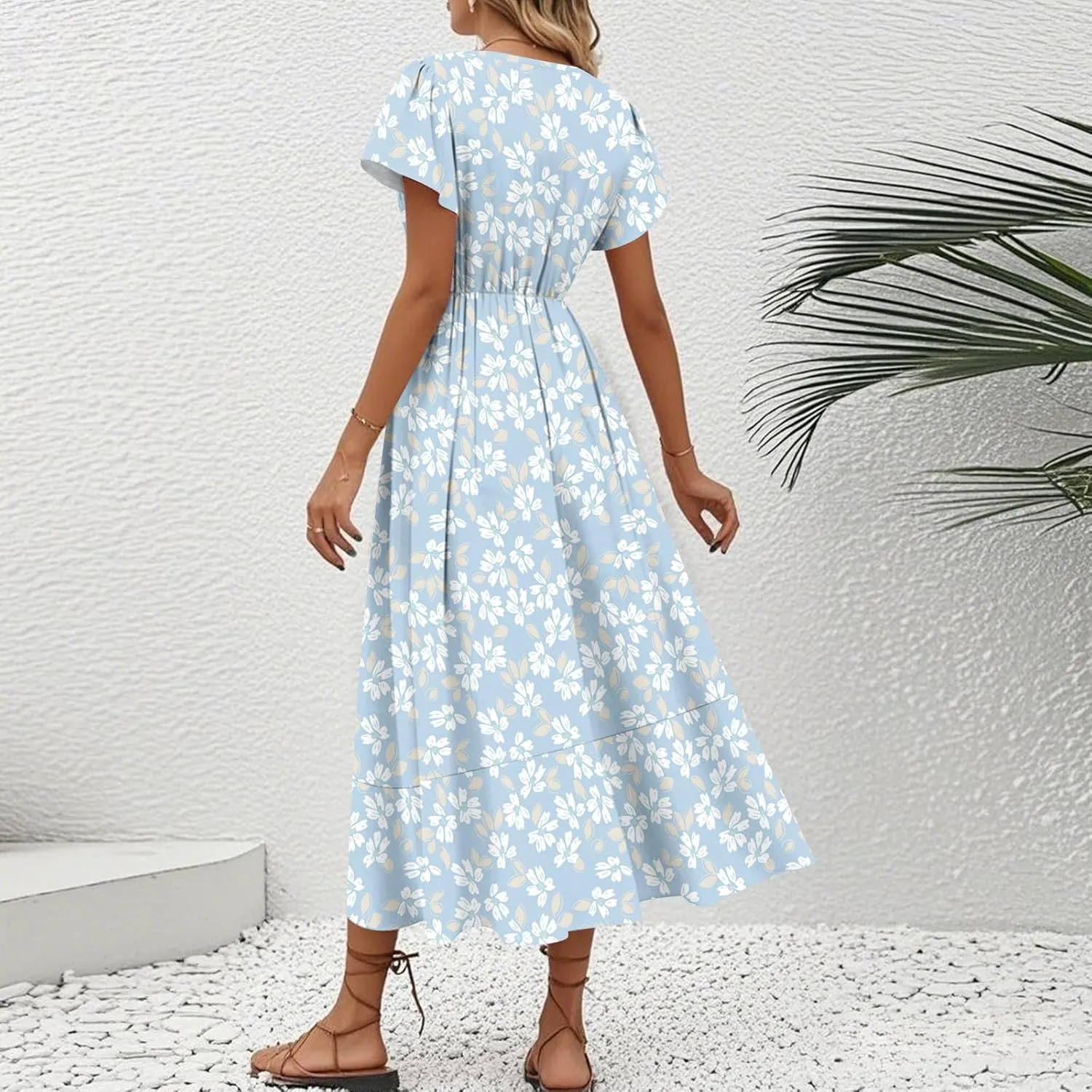 Summer Dresses for Women 2025 Floral Wrap V Neck Midi Dresses Fashion Short Sleeve A Line Sundress Flowy Casual Dress
