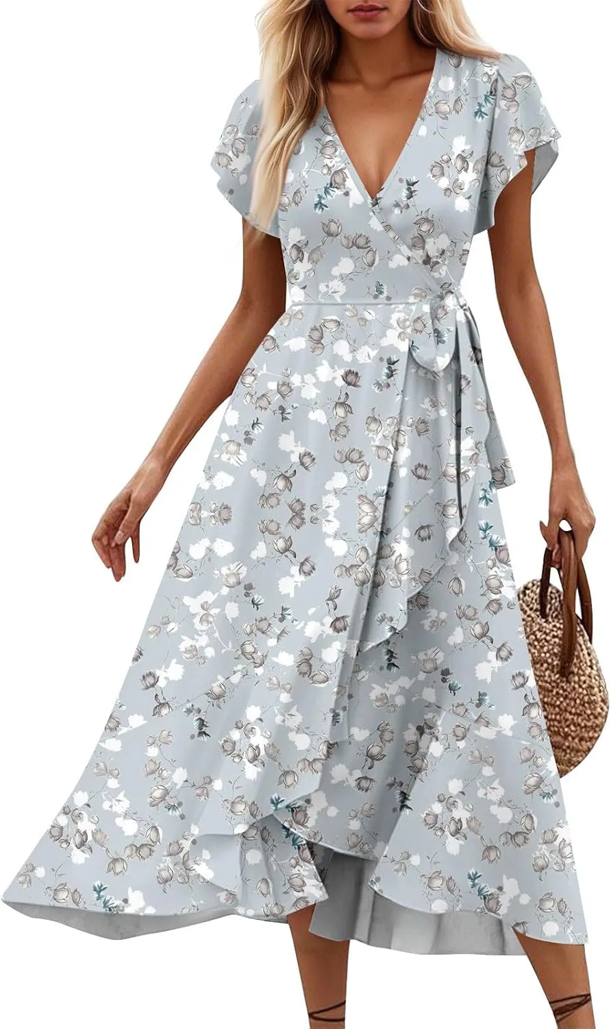 Summer Dresses for Women 2025 Floral Wrap V Neck Midi Dresses Fashion Short Sleeve A Line Sundress Flowy Casual Dress