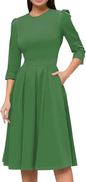 Summer Fall Long Sleeve Formal Midi Dress for Women Trendy Smocked Flowy Casual 3/4 Sleeve Elegant Floral Dress
