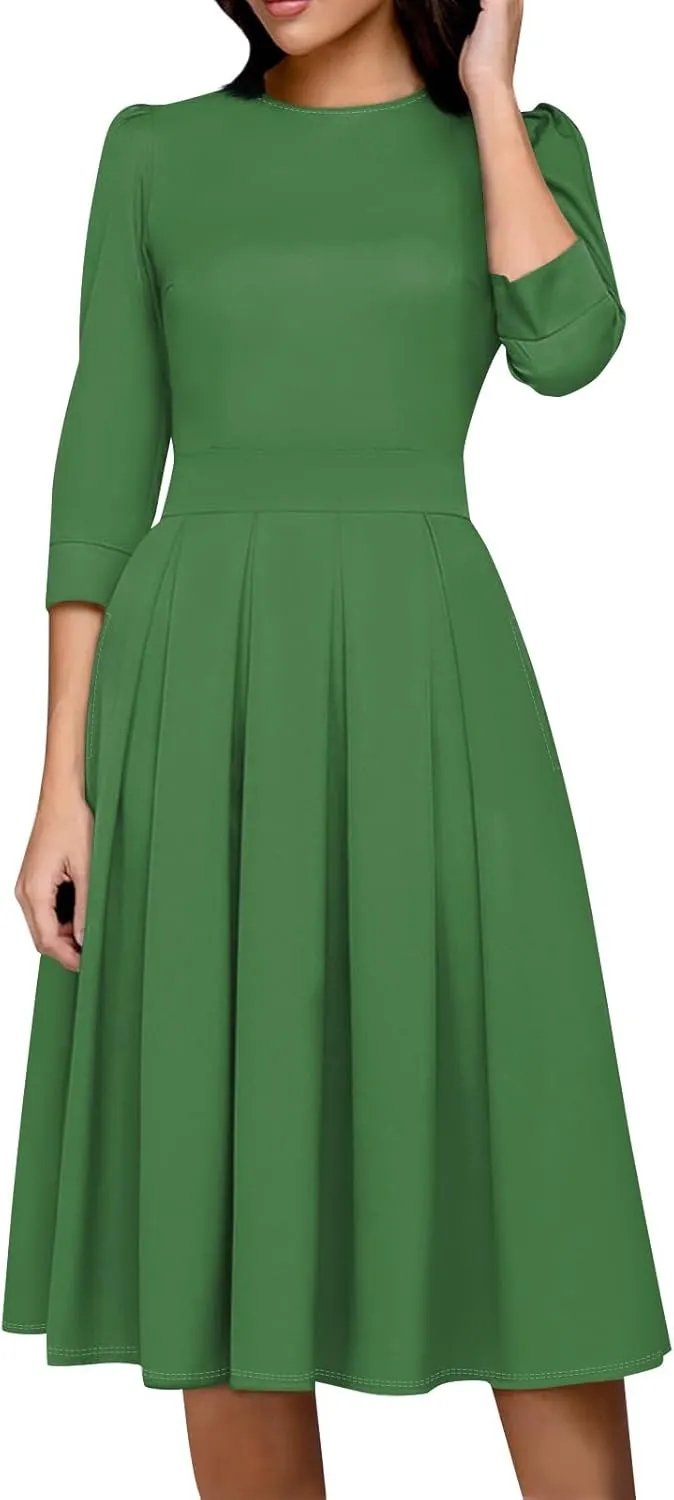 Summer Fall Long Sleeve Formal Midi Dress for Women Trendy Smocked Flowy Casual 3/4 Sleeve Elegant Floral Dress