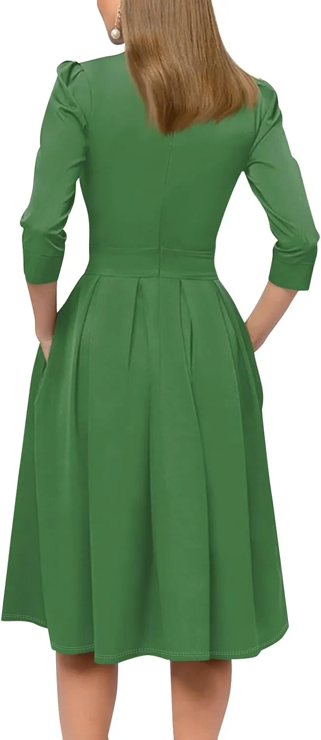 Summer Fall Long Sleeve Formal Midi Dress for Women Trendy Smocked Flowy Casual 3/4 Sleeve Elegant Floral Dress
