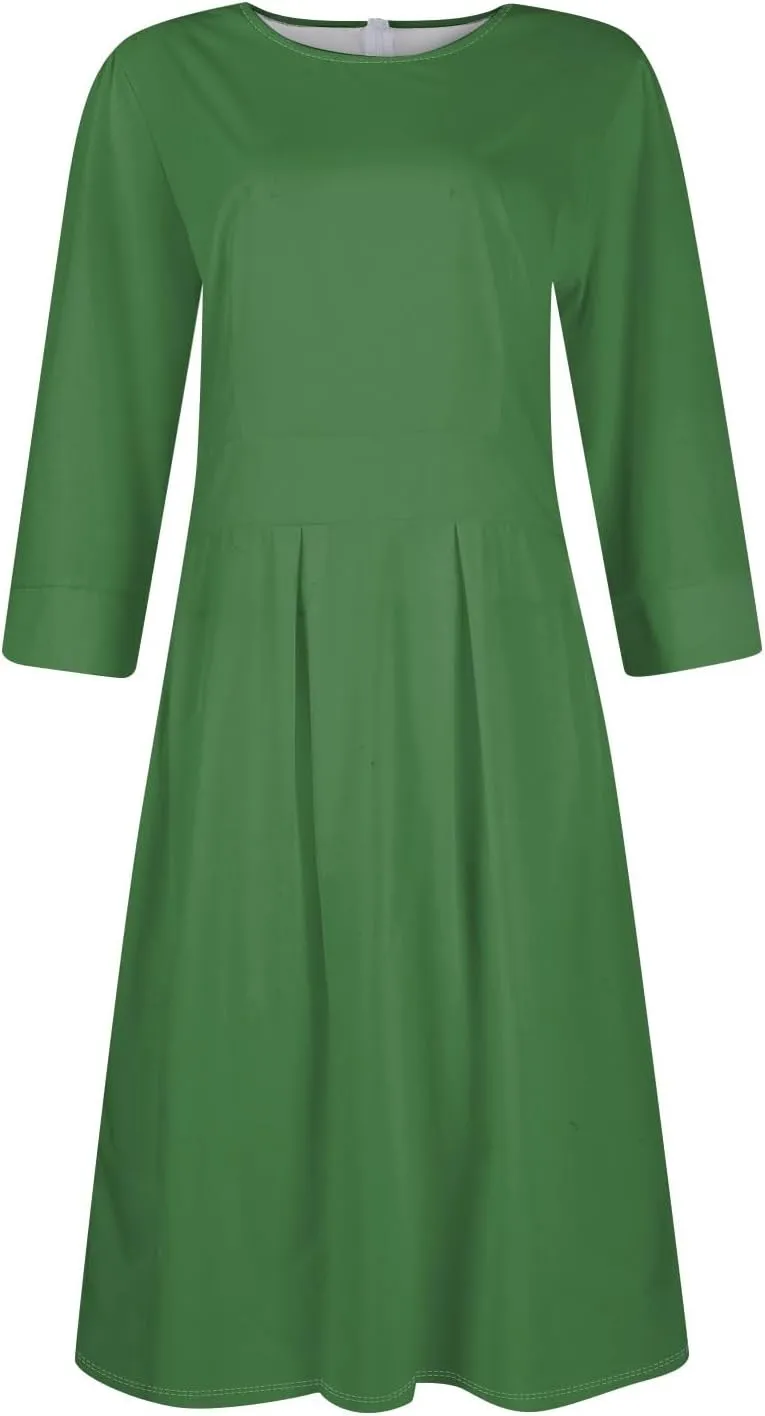 Summer Fall Long Sleeve Formal Midi Dress for Women Trendy Smocked Flowy Casual 3/4 Sleeve Elegant Floral Dress
