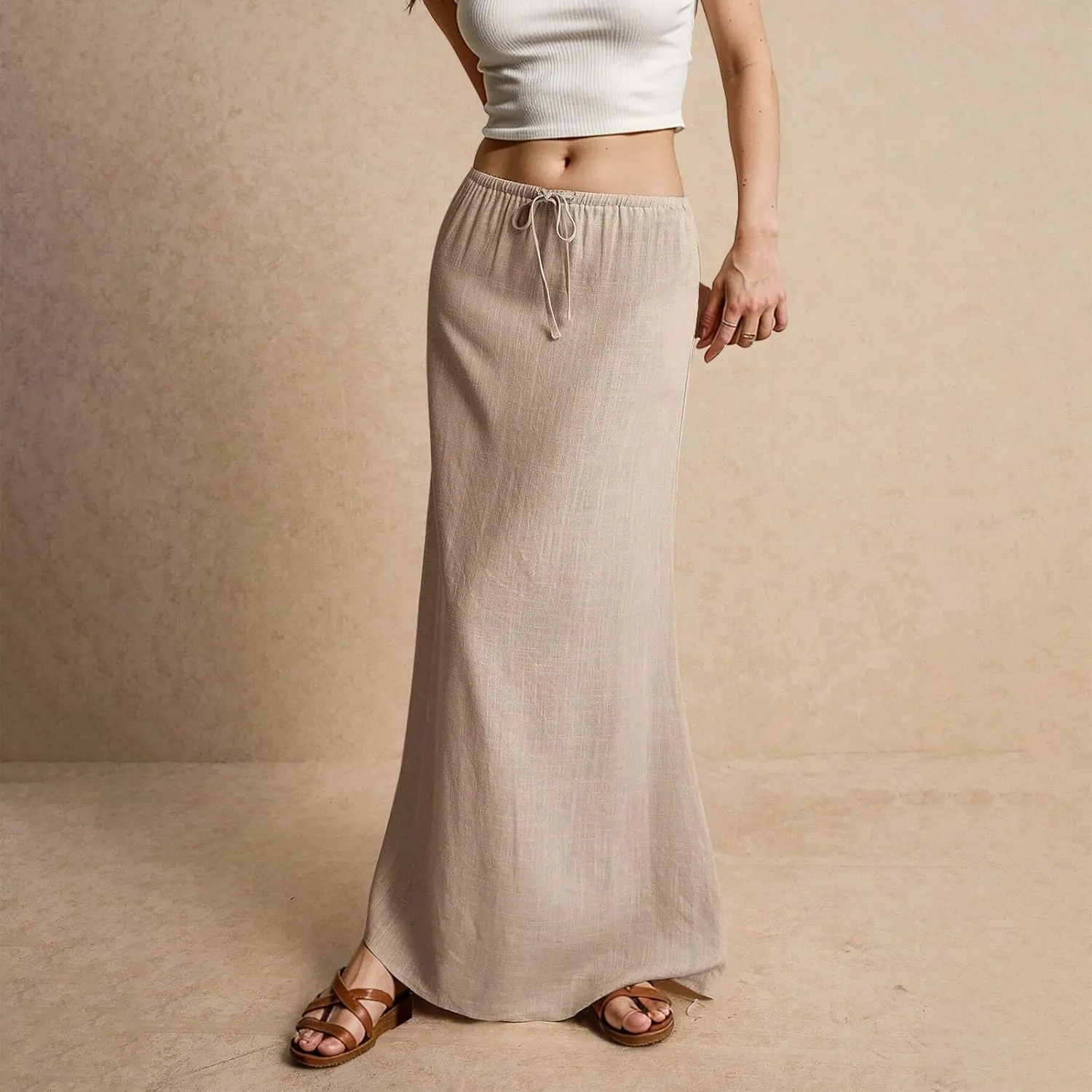 Summer Linen Maxi Skirts for Women Comfy Drawstring Waist A Line Cute Vacation Boho Long Flowy Skirt Trendy